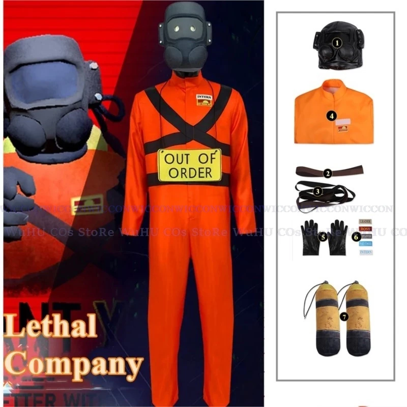 Game Lethal Company Cosplay Costume Red Jumpsuits Lethal Company Mask Clothing Jumpsuit Full Set Men Halloween Role Play Party