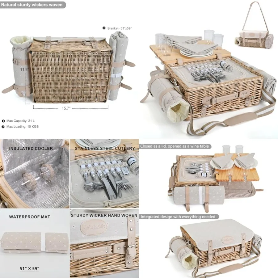 

Multifunctional Wicker Picnic Basket Set for 4 with Blanket and Picnic Table, Insulated Picnic Set with Full Tablewares for Cam