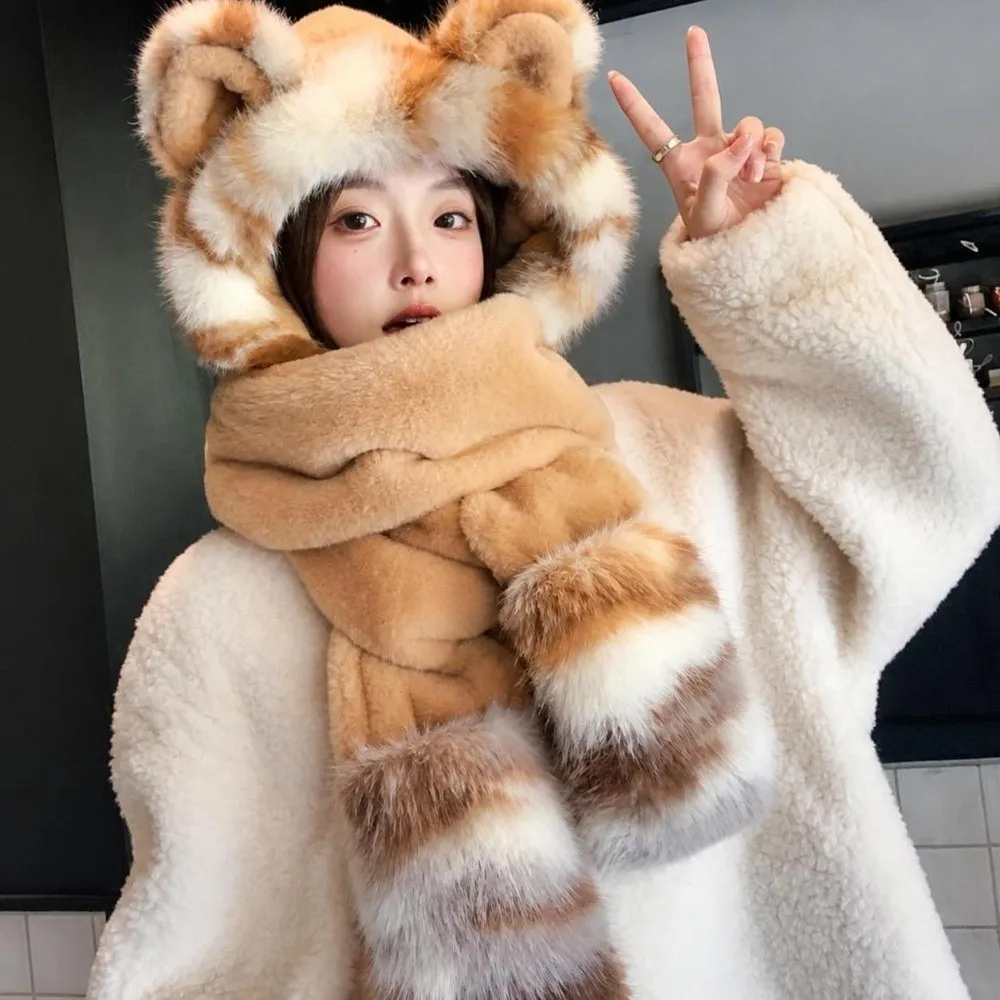 3-in-1 Design Hat Scarf Gloves Set Faux Fur Thick Winter Hat Scarf Mitten Set Fluffy Soft Windproof Warm Lining
