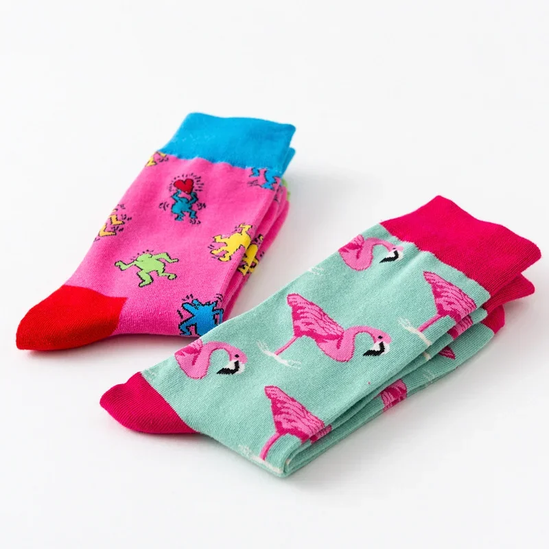 1Pair 35-44 Men Casual Cotton Sock Harajuku Cartoon Flamingo Loving Heart Cute Funny Character Japanese Socks