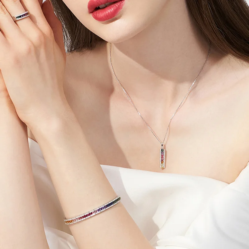 New Long Strip Type Colorful Square Zircon Necklace Fashion Exquisite Light Luxury Clavicle O-Chain Female Wedding Fine Jewelry