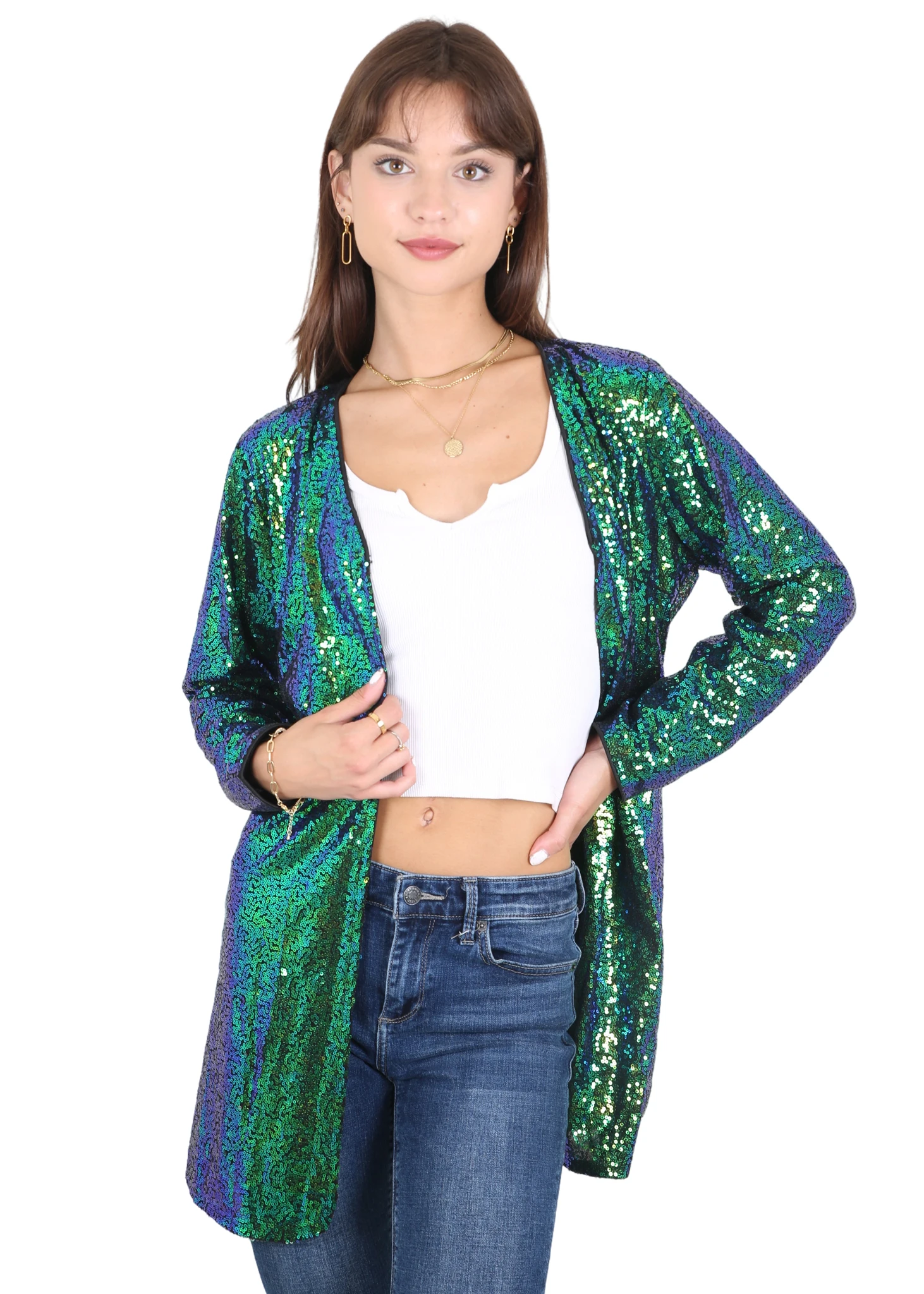 Women's Open Front Sequin Coat Las Vegas Blazer Party Club Cocktail Jacket Outerwear Sparkly Sequined Cardigan Jacket