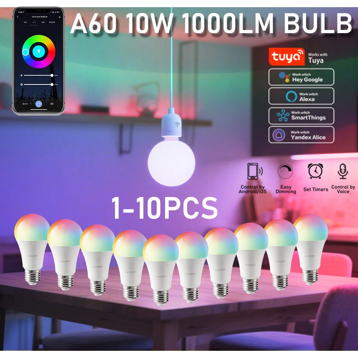 

1-10PCS E27 Tuya Bulb Bluetooth WIFI Dimmable Light 10W LED lamp 2700-6500k RGB Smart Life APP Voice with Alexa Google Home