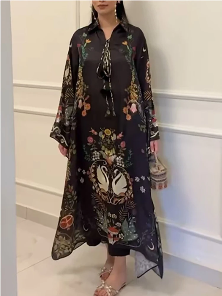 

Autumn women's long sleeved casual style polyester material 2025 new fashion lapel print pullover loose dress