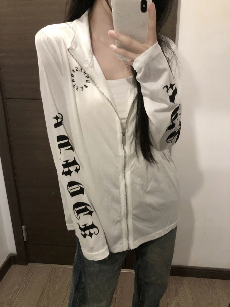 New Summer Gothic American Streetwear Full Zip Sunscreen Jacket Women Loose Oversized Letter Print Versatile Casual Daily Outfit