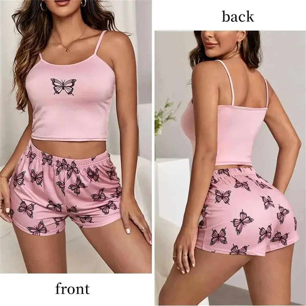 Two Piece Women\'s Suspender Printed Butterfly Round Neck Camouflage Top Paired with Shorts Women\'s Casual Pajama Set