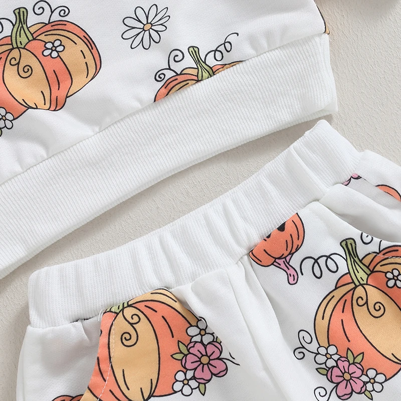 Halloween-Kostüm-Set für Mädchen, langärmelig, Rundhalsausschnitt, bedrucktes Sweatshirt, Oberteil mit passender Hose mit Blumen-Kürbis-Aufdruck für