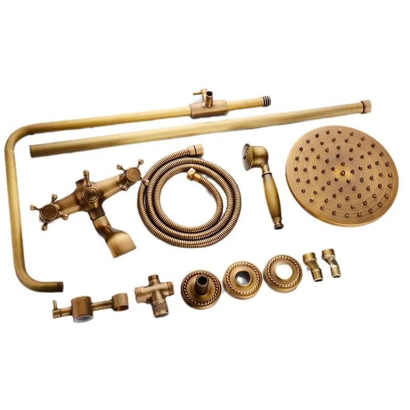Brass Antique Bathroom Shower Faucet Set Wall Mount Dual Handle with Handshower + Shelf Brass Bathroom Shower Mixer Tap