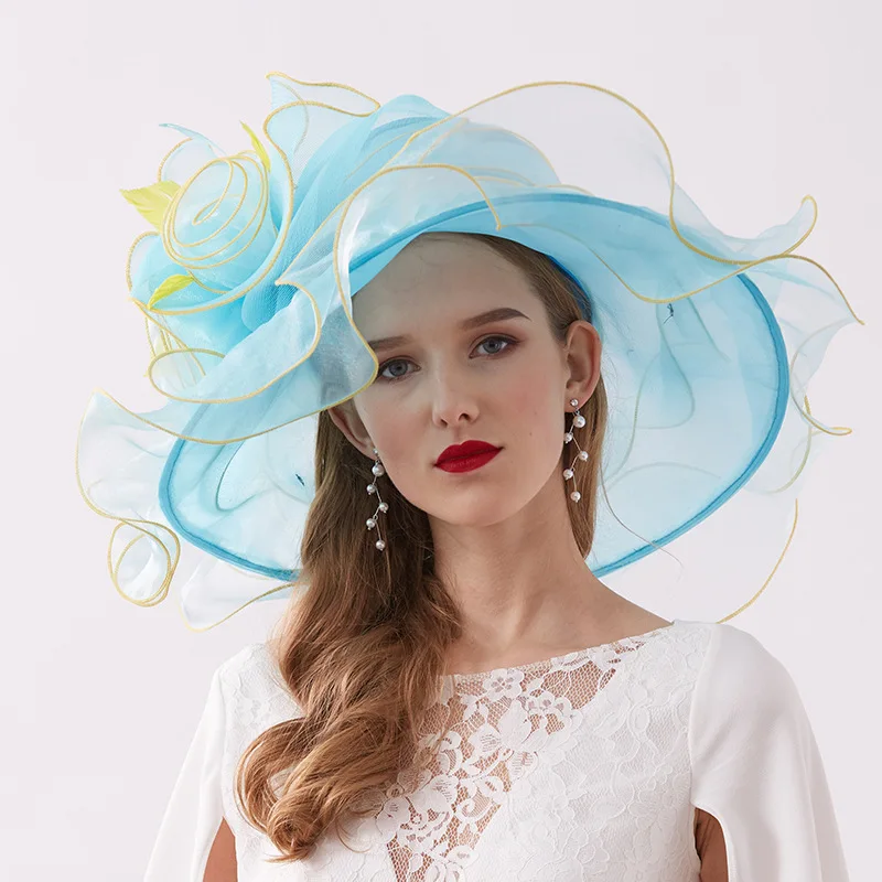 9922 Kentucky Hats For Women Organza Sun Visor Cap Flowers Feather Bride Amazon.com: Women Organza Kentucky Sun-Hats - Wide-Brim  main image 4