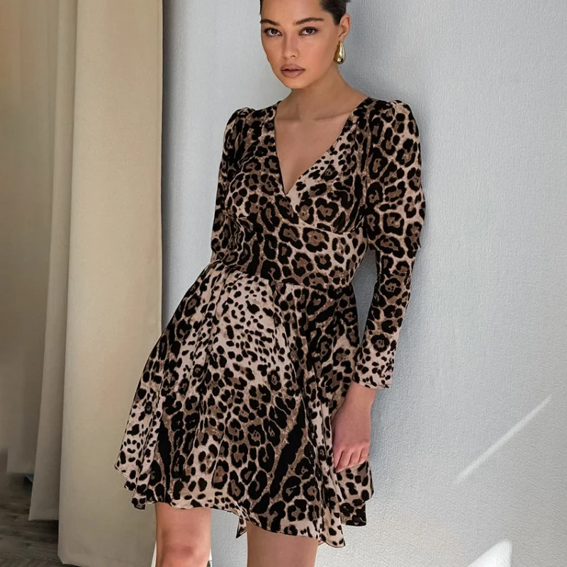 

Russian retro sexy leopard printVCollar Design Long Sleeve Slim Fit Dress Spring Summer Versatile Short Dress for Women