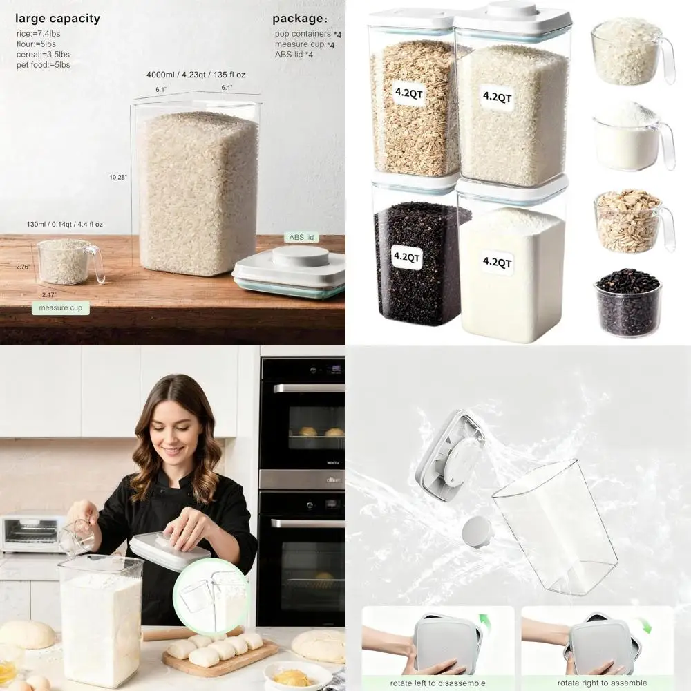 

Штабелируемые контейнеры для хранения продуктов питания емкостью 4000 мл без BPA с выдвижной крышкой и совок емкостью 130 мл, идеально подходят для круп, риса, муки, макарон и закусок