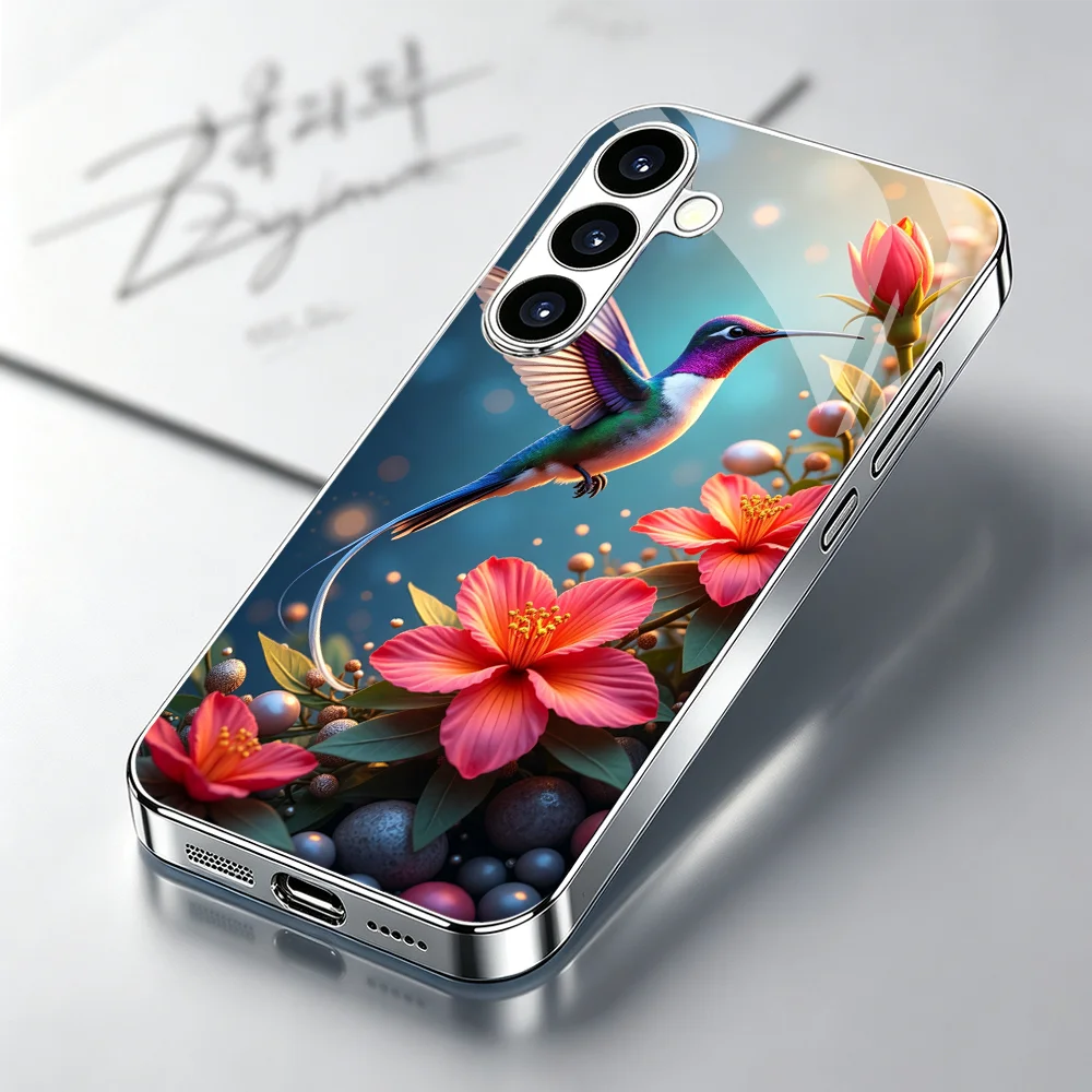 hummingbird picking flowers Tempered Glass Fashion phone case for Samsung Galaxy S26/S25/S24/S23/S22/S21FE Ultra Plus Shockproof