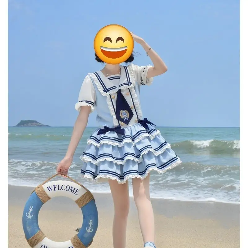 Japanese Sweet Sailor Lolita Dress Women Designer Light Blue White Ruffle Layered Puffy Skirt Kawaii Harajuku Outfit Chic Retro view 5