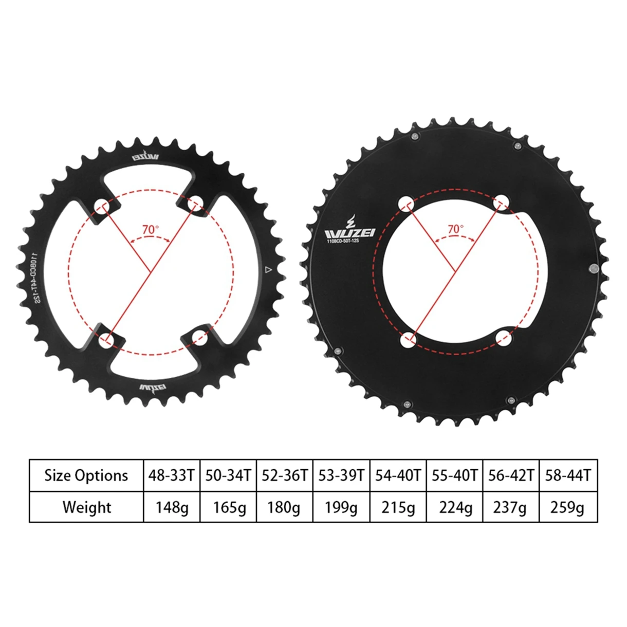 WUZEI 110BCD Doppelkettenblatt 2x 10/11/12-fach Rennrad-Kettenblatt für Shimano 105 5800 6800 48T/33T 50T/34T 52T/36T 53T/39T – Detail 3
