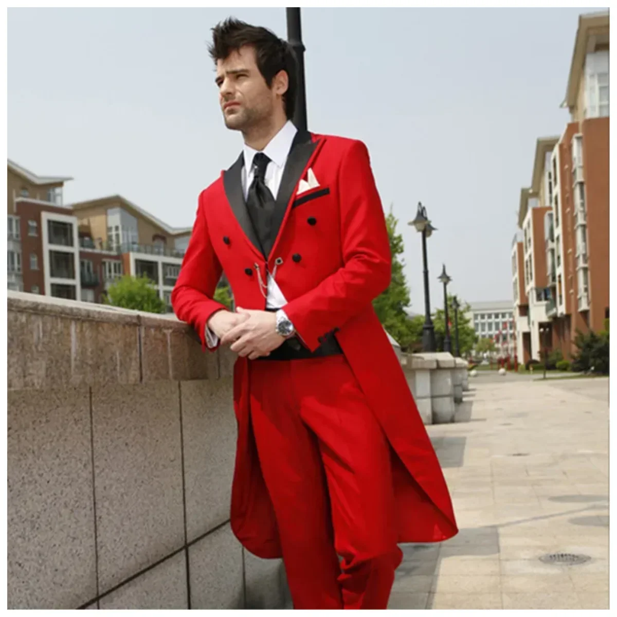 2-piece Red Swallow Men Suits Fashion Slim Fit Black Lapel Blazer Terno Masculino Good Quality Tuxedo Wedding Male Clothing