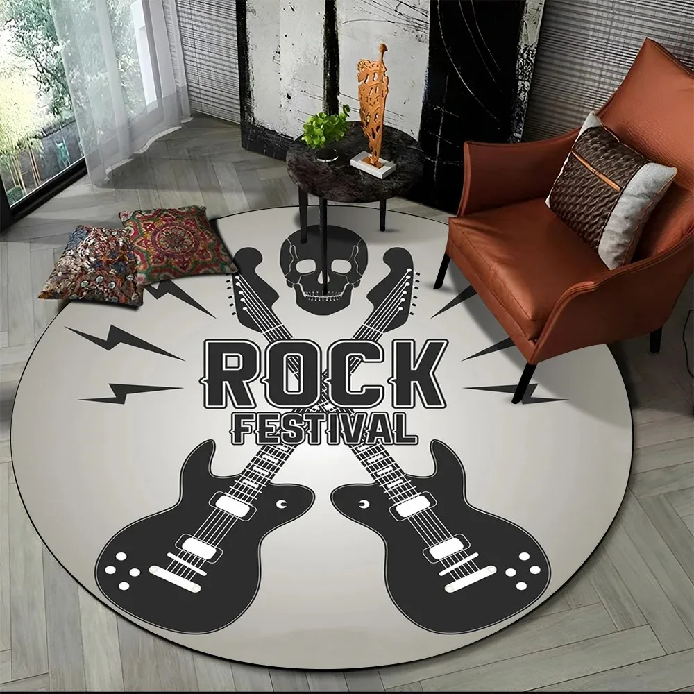 Rock Festival Round Entrance Doormat Crossed Guitars Skull Lightning Graphic Rug, Rock Music Style Indoor Home Decor Floor Mat