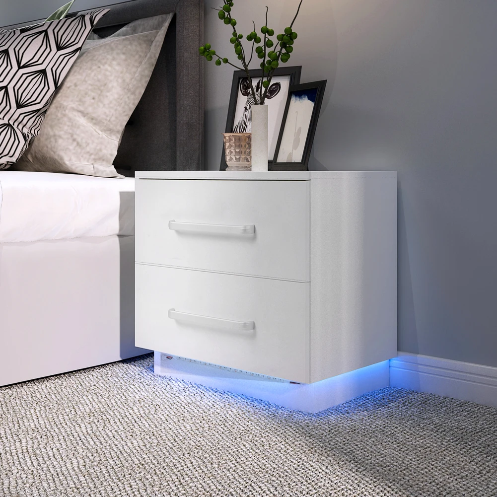 Modern Stylish 2 Drawers Bedside Cabinet with LED Blue Light High Gloss Front Panel for Bedroom