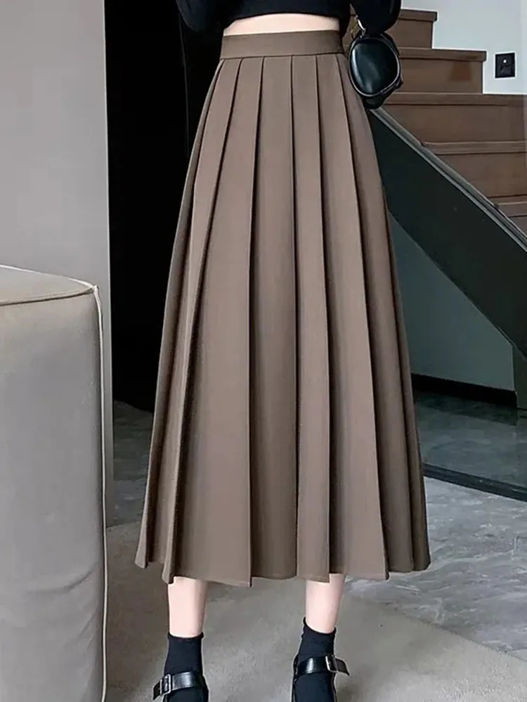 Black Vintage High Waist Pleated Skirt Women Korean Fashion Preppy Style Midi Long Skirt Autumn Casual Female A Line Skirts