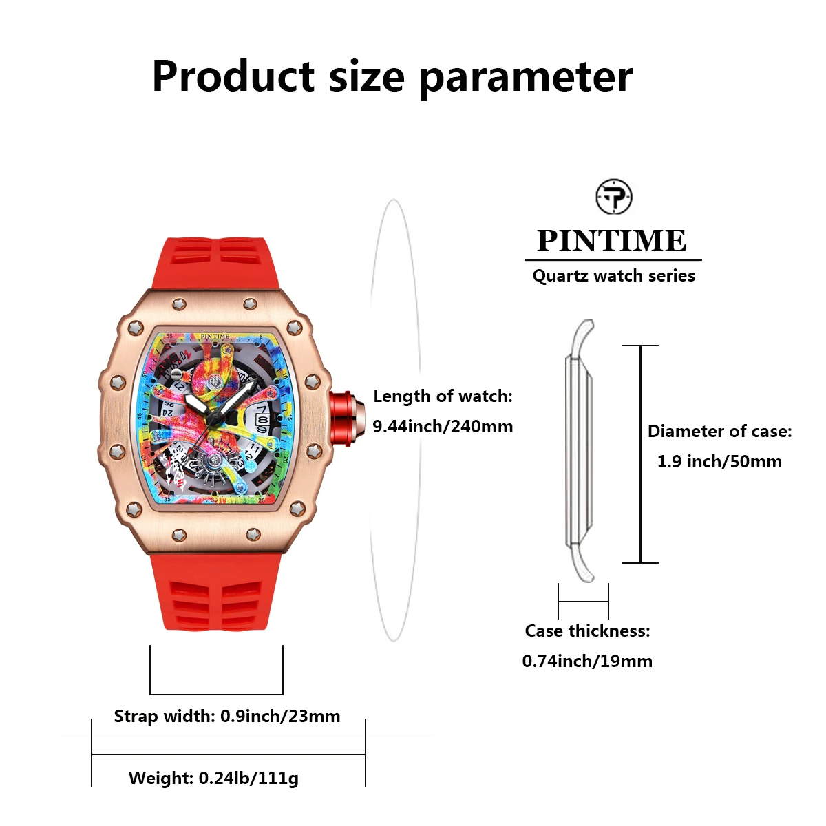 High-end Colored Hip Hop Dial  PINTIME Watch for Men Silicone Strap Stainless Steel Case Fashion Waterproof Quartz Wristwatch