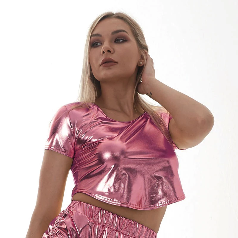 Sexy Short Sleeved Women Metallic Hip Hop Jazz Crop Top Street Dance Costumes Holographic Clothes Pole Dance Festival Party Club