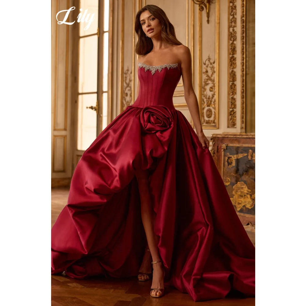 Lily Burgundy Prom Dress Crystal Beaded Sweetheart Satin Evening Dresses With Rose Voluminous Princess Party Dress Customized