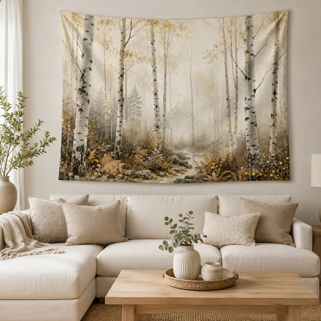 Misty Birch Forest Tapestry Nature Landscape Wall Hanging Neutral Home Decor for Bedroom Living Room