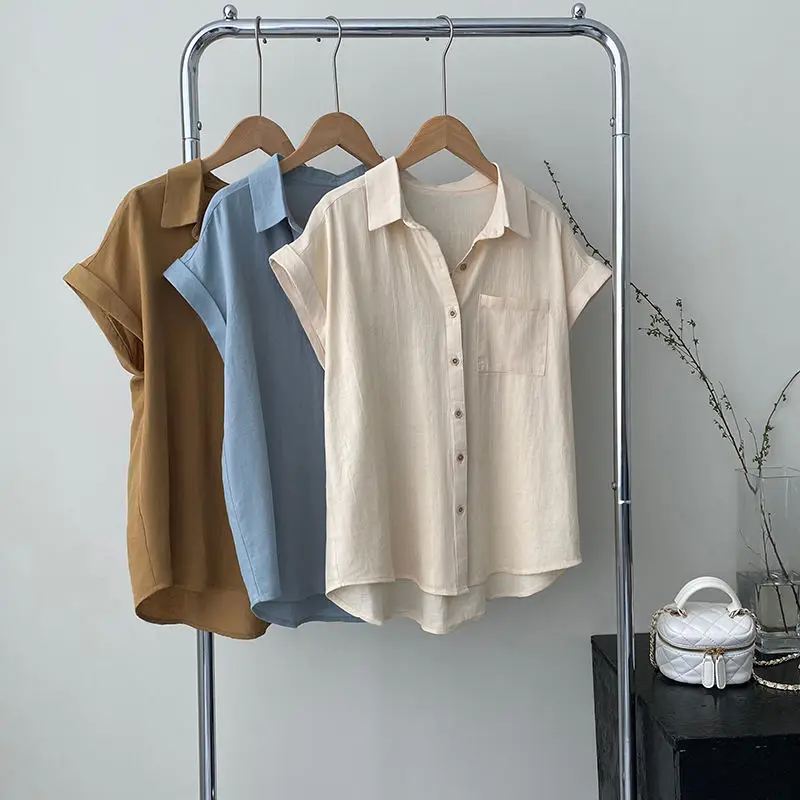 Cotton Linen Short Sleeve Blouse Casual Summer Clothes for Women Turn-down Collar Pockets Splicing Button Solid Color Shirt