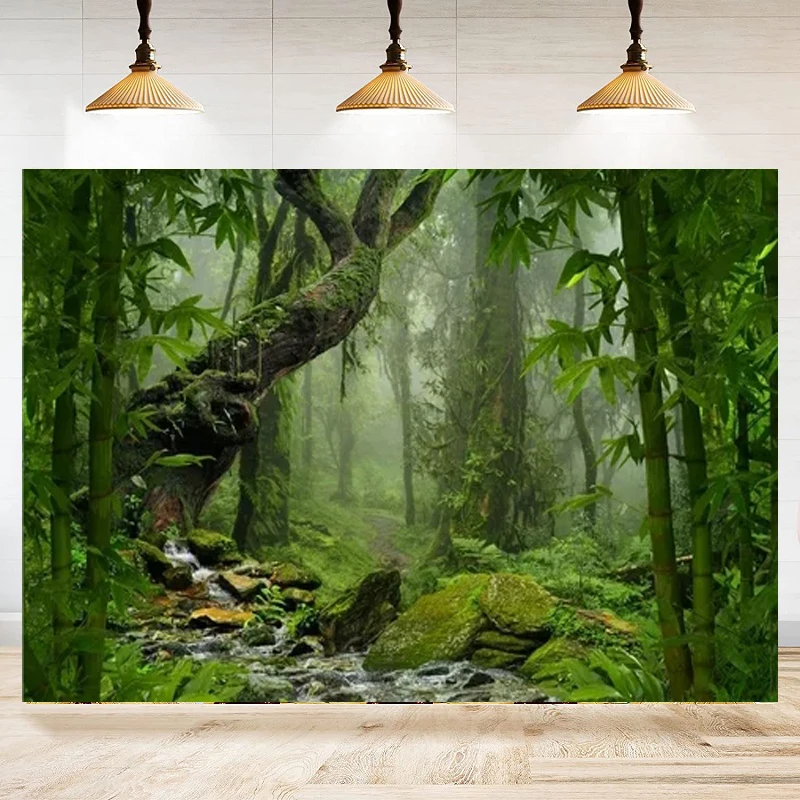 Forest Photography Backdrop Tropical Jungle Rainforest Misty Deep Green Trees Pathway Background Suburbs Picnic Camping Poster