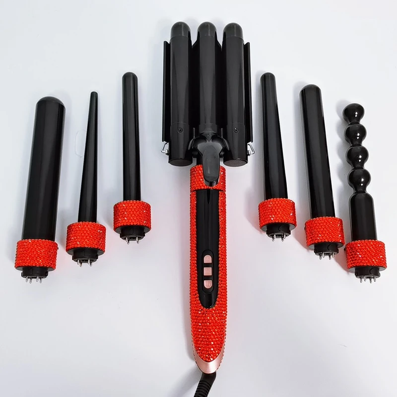 مبيعات STLFHot بلينغ بلينغ الماس الديكور ماجيك قابلة للشحن بكرة الشعر الحديد 7 في 1 مجموعة عصا الشباك