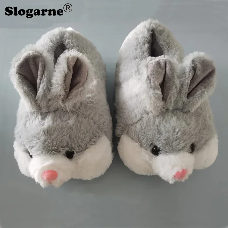 Couples Winter Faux Fur Slippers Women Home Cotton Shoes Unisex Rabbit Fur Indoor Shoes Furry Slides Non Slip Warm Plush Shoes