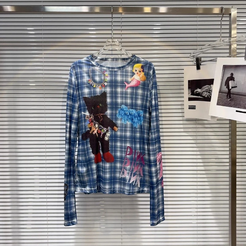 女性用長袖Tシャツ,漫画のブラウス,抽象的なプリントパターン,市松模様,新しい,秋,2022
