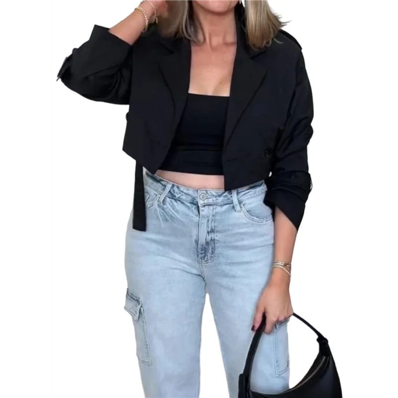 

IALJ-Womens Cropped Bike Jacket Casual Double Breasted Trench Coat With Belt