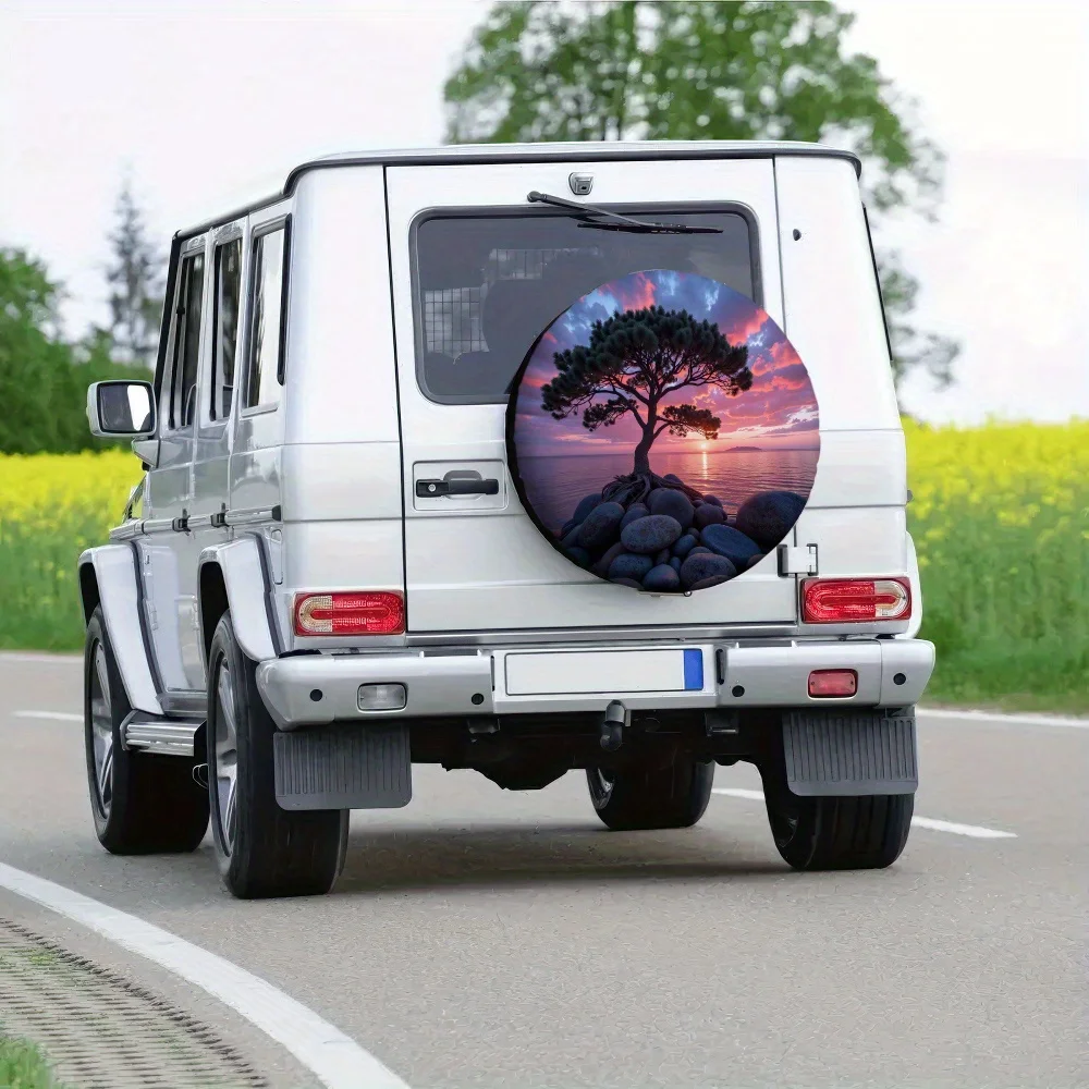 1pc Durable Purple Sunset Tree Tire Cover - Polyester, No Electricity Needed, Ideal For Road Trips & Camping, Adds Elegant Sunse