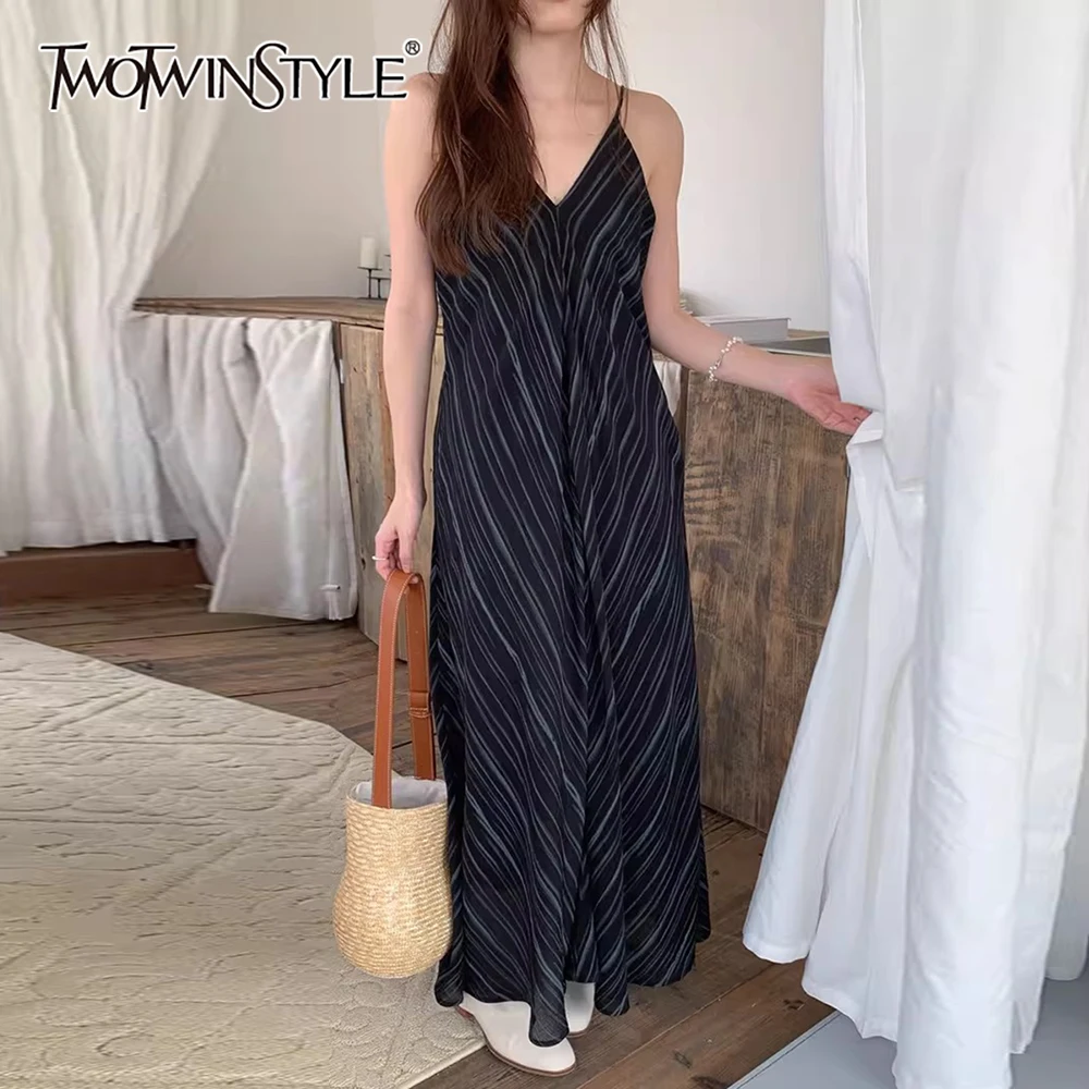 TWOTWINSTYLE Solid Spliced Striped Chic Dress Female V Neck Sleeveless Loose Vacation Travel Women's Dresses Fashion Summer New