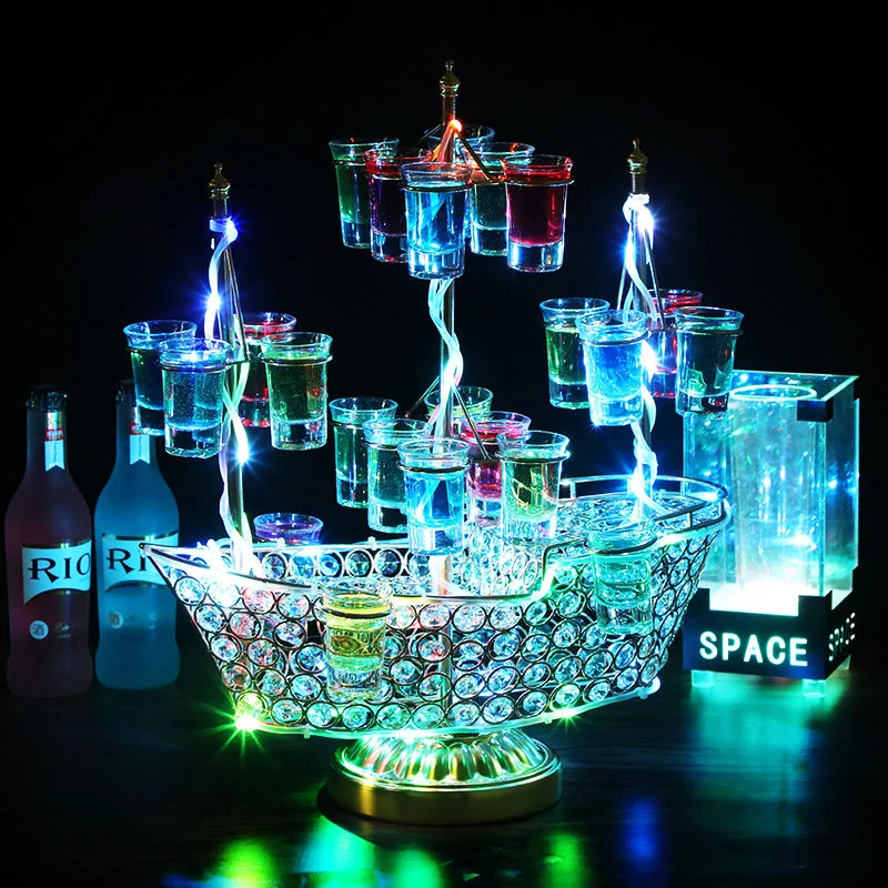 High-End Bespoke LED Bottle Display RackBoat Shape Led Glass Tray Holder Display Stand Rechargeable Battery Custom Holder Stand