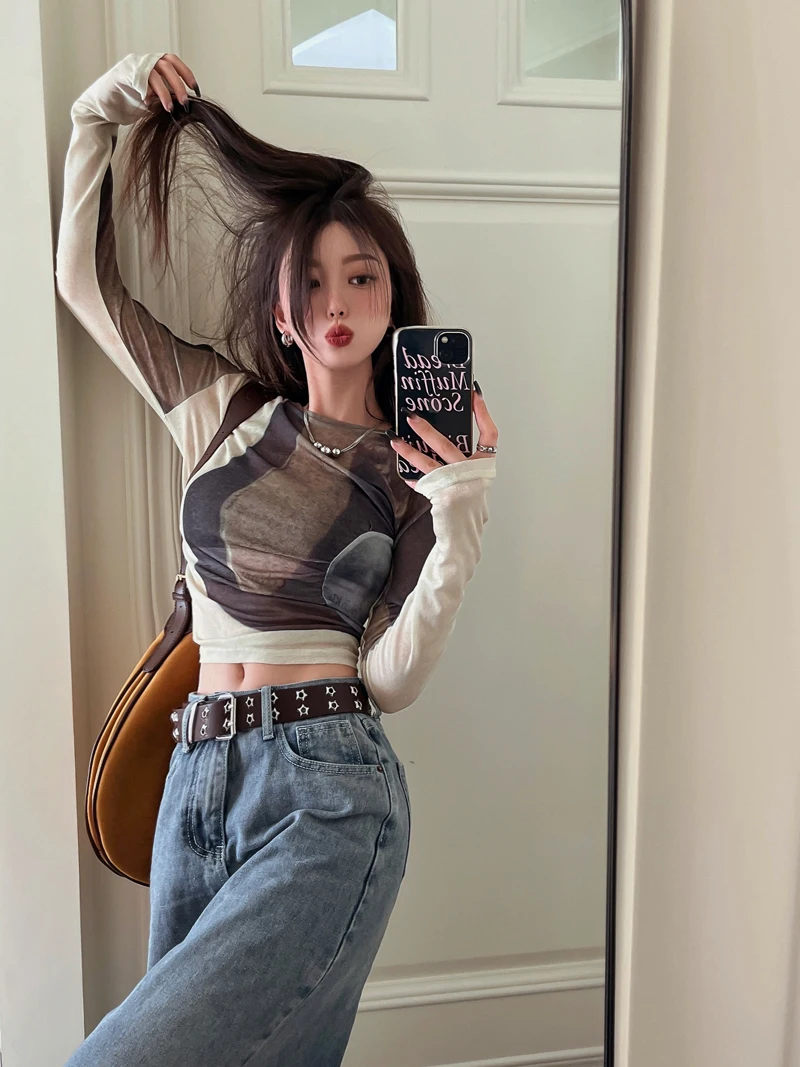 

Женская осенняя футболка Spicy Cool Girl, новинка Sle Color Blo adient, круглый Ne Slim Long Sve Base irt, модный базовый слой