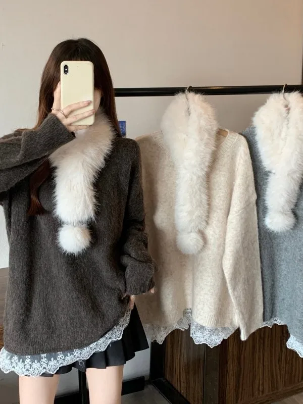 

Новинка: Зимняя женская толстовка оверсайз с круглым вырезом, кружевным подолом и длинными рукавами в корейском стиле для повседневной носки