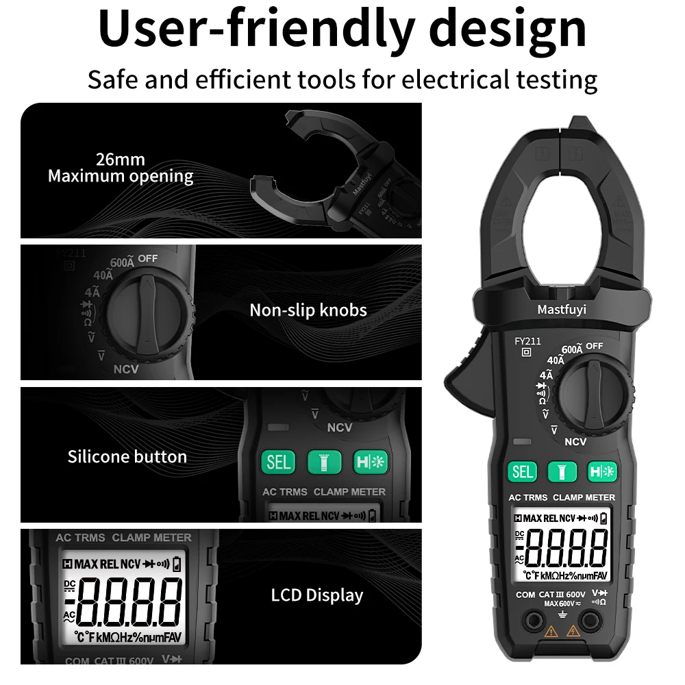 MASTFUYI Digital Clamp Meter 600A Current Voltage High Precision 4000 Counts Digital Multimeter Tester Tool for Electrician