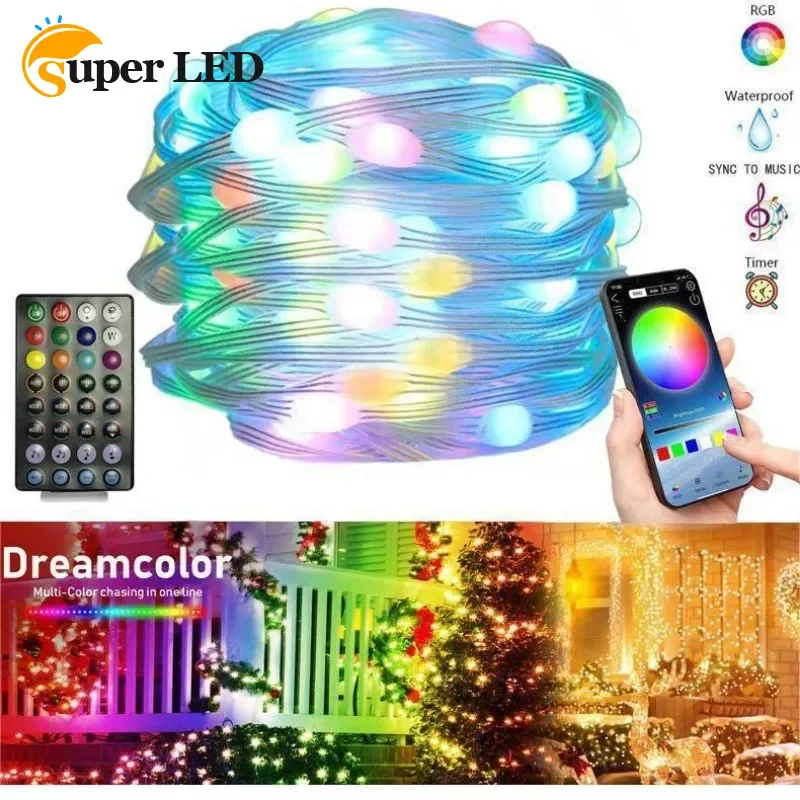 

Christmas Tree Colored Light Holiday Solar Outdoor Battery Powered Copper Wire Fairy Led String Lights App Control Led Lights