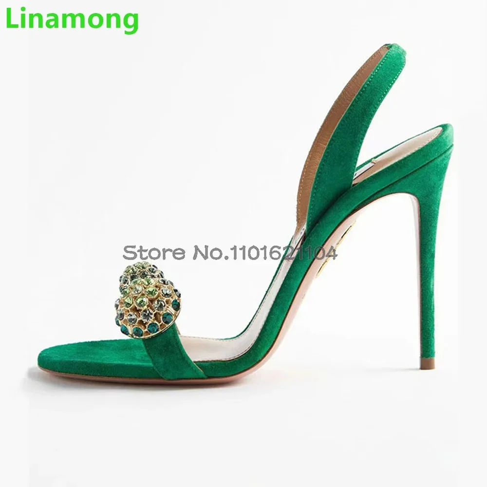 Green Crystal Luxury Design Sandals For Female Women 2024 Summer New Round Toe Thin High Heel Back Strap Slingback Elegant Shoes