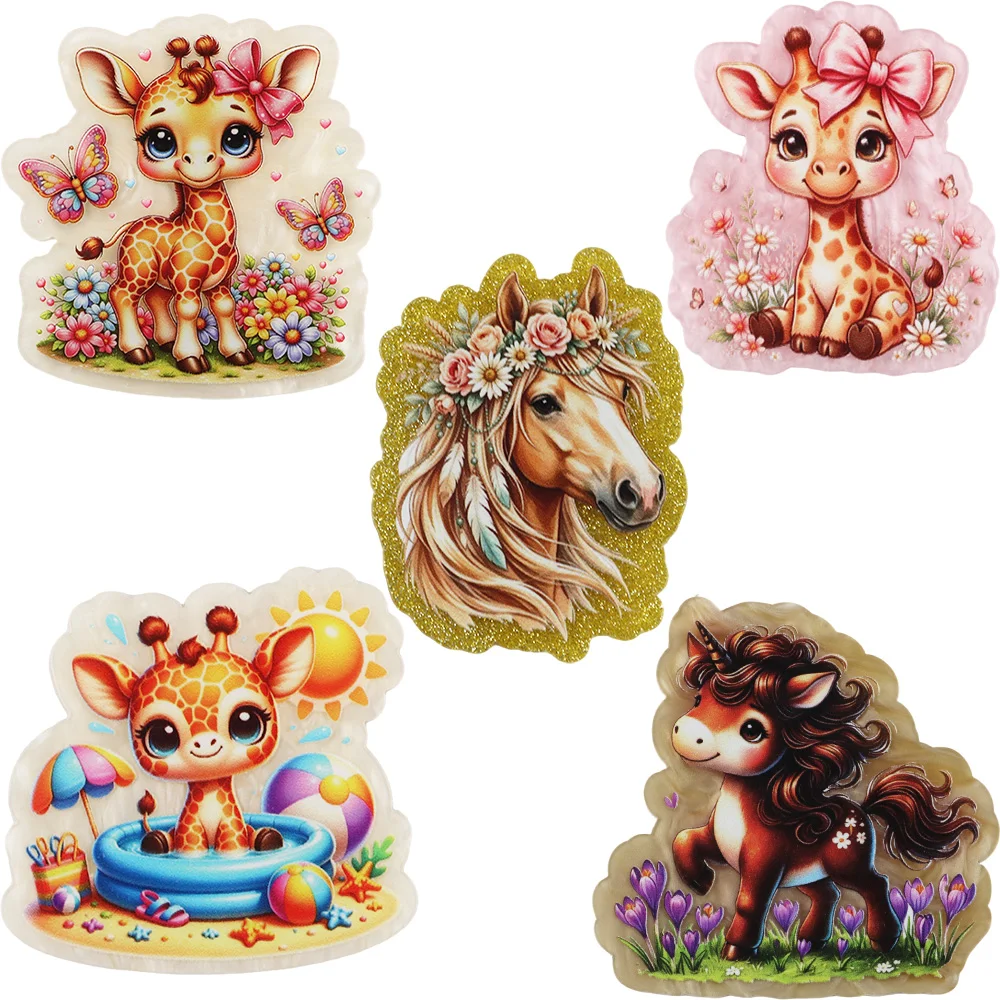 6Pcs Animal Series Acrylic Sheets Deer Horse Glitter Powder DIY Accessories For Jewelry Making Brooch Card Holder Decoration
