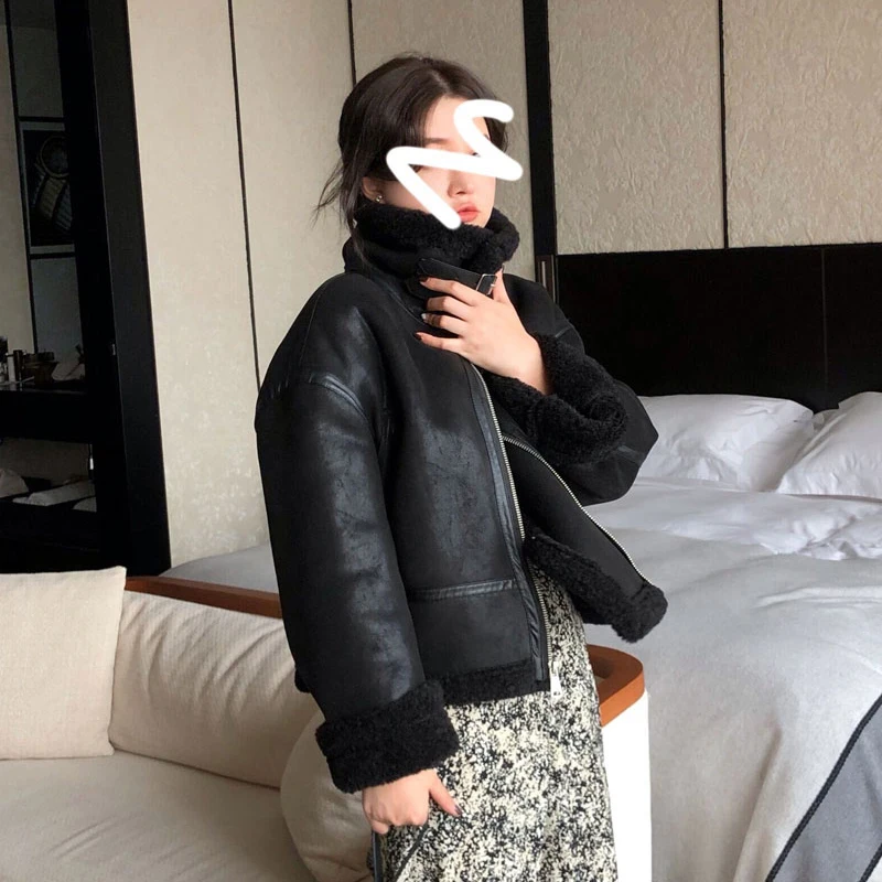 여성용 스웨이드 오토바이 자켓 양고기 모피 코트 짧은 느슨한 한국 스타일 겨울 패션 통근 윈드 브레이커 플러스 사이즈