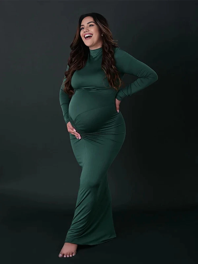 クリスマス-マタニティ写真撮影用ガウン-ハイネック-ストレッチ-スリムフィット-妊娠写真撮影用ドレス-長袖-マタニティ写真