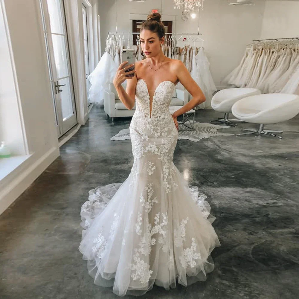 Bohe Sweetheart Wedding Dresses for Women Tulle Trumpet Appliques Sleeveless Court Train Robe De Mariee Customised Free