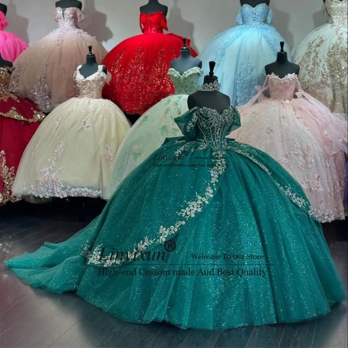 Corsé verde esmeralda de lujo para quinceañera, apliques de encaje, vestido de baile, princesa dulce 16, vestidos de México, vestido de novia, 2024