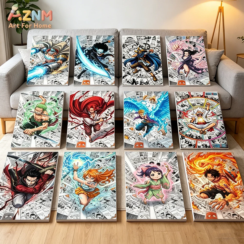 AZNM One Piece All Straw Hat Crew Anime Canvas Wall Art Manga Background Character Print Unframed Canvas Painting For Home Bedro