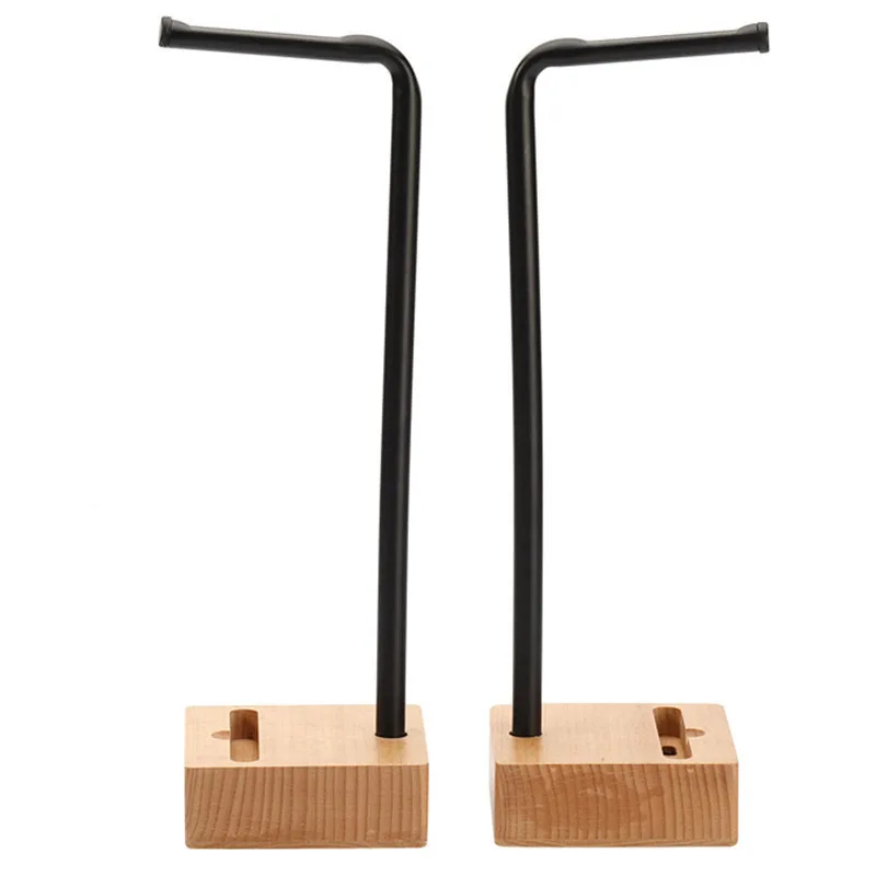 Headset Metal Rack Natural Beech Wood Durable Wireless Bluetooth Headset Holder with Solid Wood Loudspeaker Base