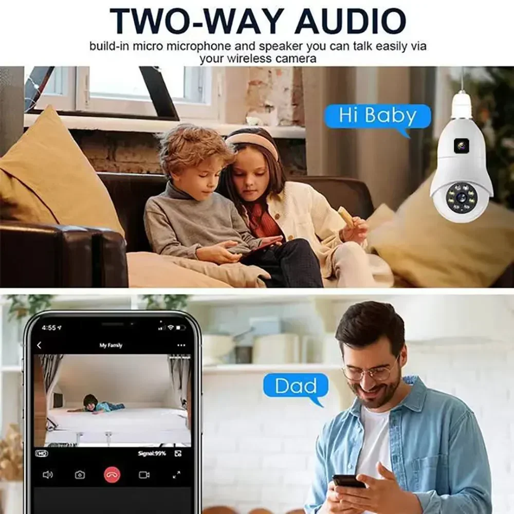 Dual Lens Color Night Vision Auto Tracking Indoor Security Monitor E27 Surveillance Wireless Camera 2MP Bulb WiFi Camera