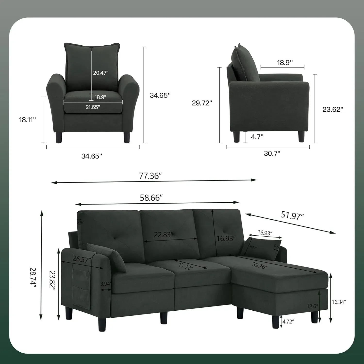 Convertible Sectional Sofa Set for Living Room,  L Shaped Couch w/ Ottoman Side Pocket Single Seat Accent Chair