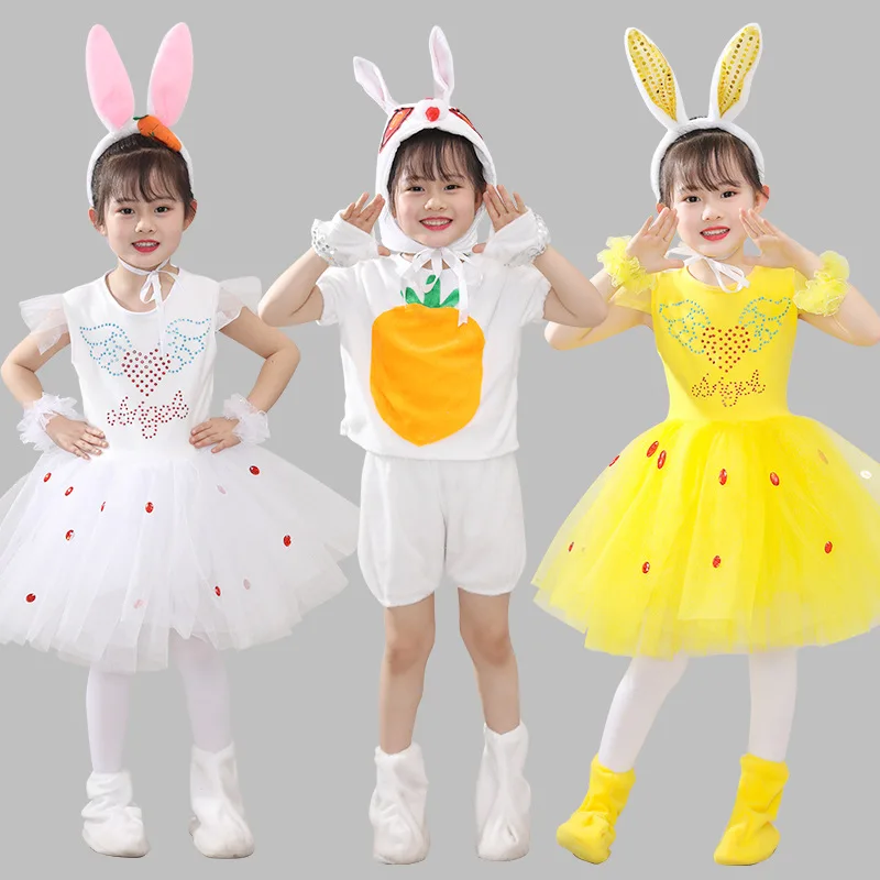 

Cute Rabbits Cosplay Costumes Children Yellow White Bunny Dancing Outfits Boys Girls Halloween Carnival Animal Performance Wear